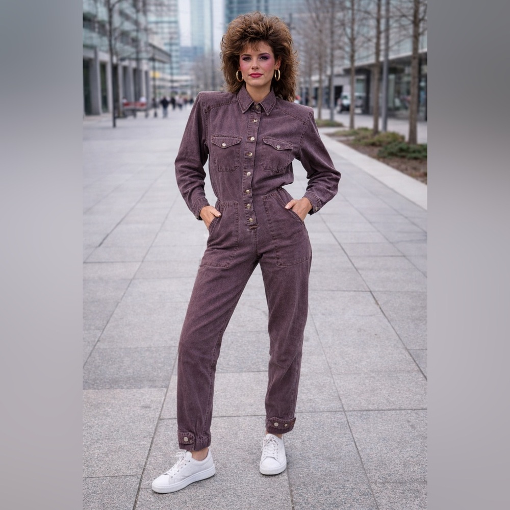 Vintage 1980’s Banana Republic Purple Button-Up Jumpsuit with Shoulderpads